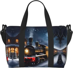 Winter Christmas Snow Night Railway Train print Travel Duffel Bag,workout duffel bag, overnight shoulder Bag,Weekender Bag for Women Men