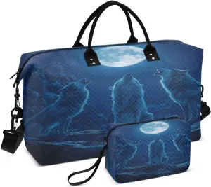 Wolf Moonnight Howl Dark Blue Travel Duffel Bag with Toiletry Bag Weekender Bag for Carry on Sports Gym Bag for Gym Yoga Sports
