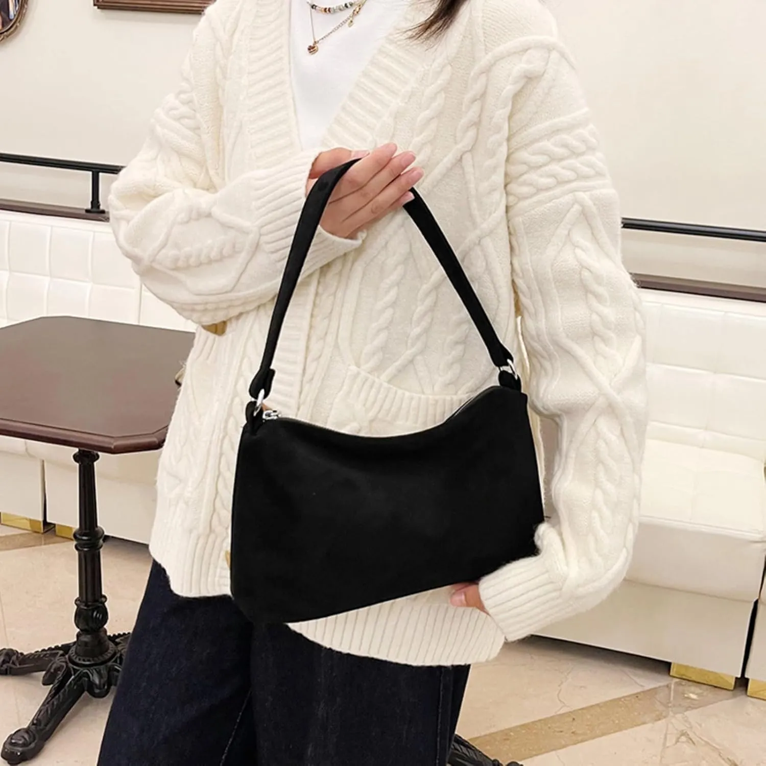 Women 2025 Fall Winter Retro Suede Shoulder Bag Small Hand Purse Soft PU Suede Clutch Bag