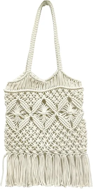 Women Bohemian Style Cotton Rope Beach Handbag Summer Tassel Hand-Woven Shoulder Bag for Vacation