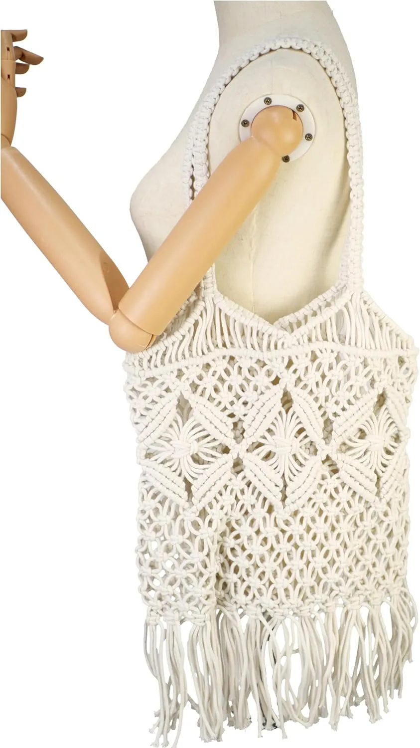 Women Bohemian Style Cotton Rope Beach Handbag Summer Tassel Hand-Woven Shoulder Bag for Vacation