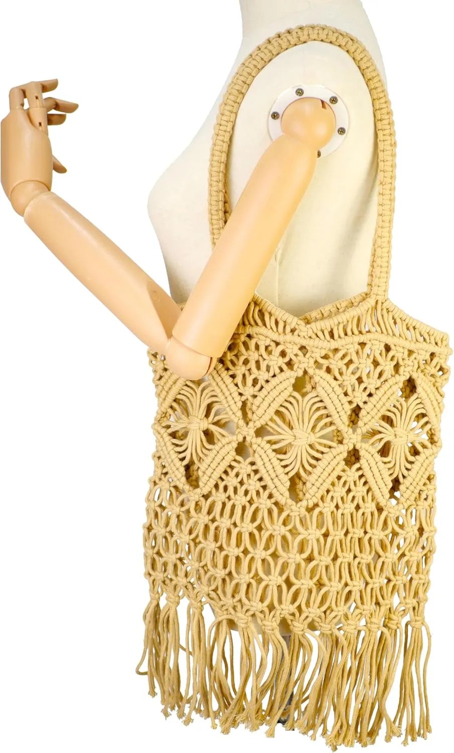 Women Bohemian Style Cotton Rope Beach Handbag Summer Tassel Hand-Woven Shoulder Bag for Vacation