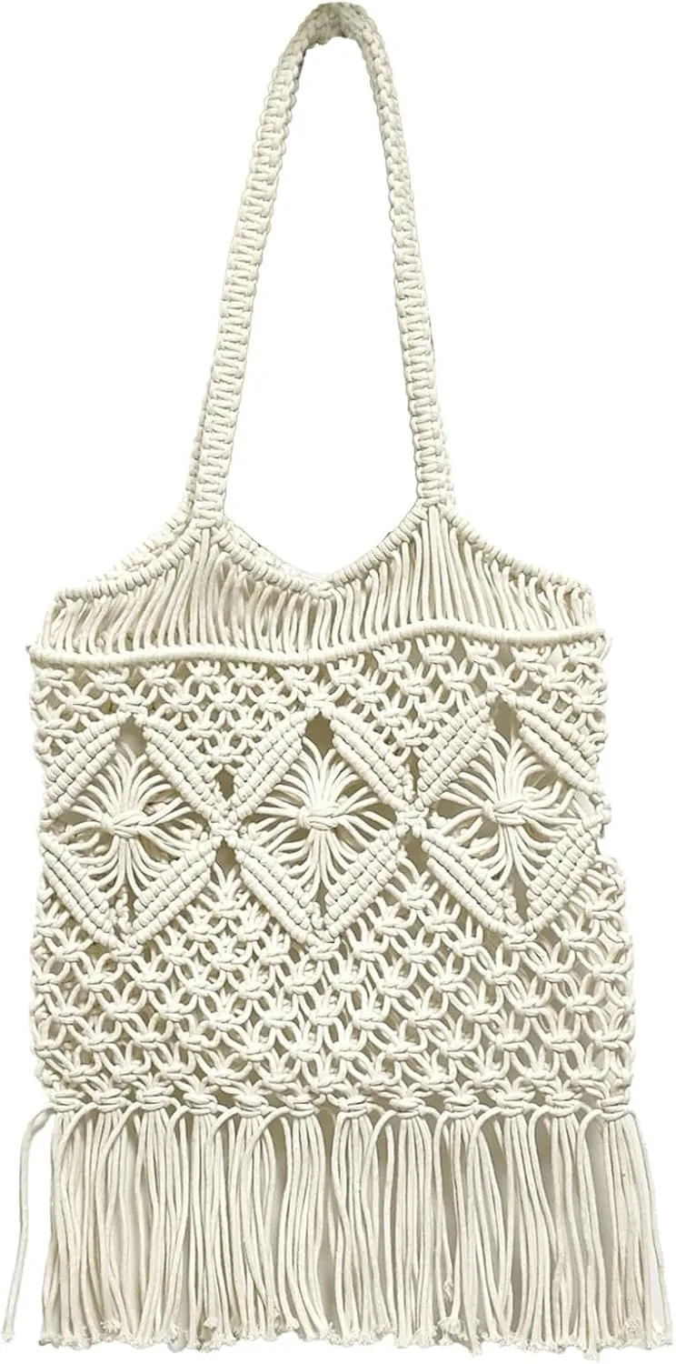 Women Bohemian Style Cotton Rope Beach Handbag Summer Tassel Hand-Woven Shoulder Bag for Vacation