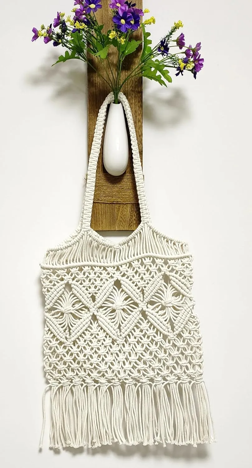 Women Bohemian Style Cotton Rope Beach Handbag Summer Tassel Hand-Woven Shoulder Bag for Vacation