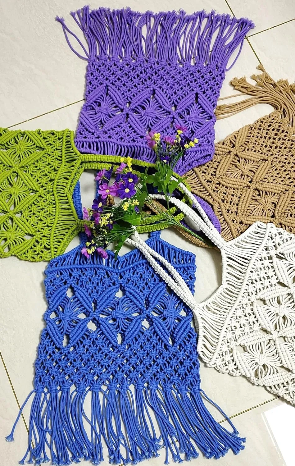 Women Bohemian Style Cotton Rope Beach Handbag Summer Tassel Hand-Woven Shoulder Bag for Vacation