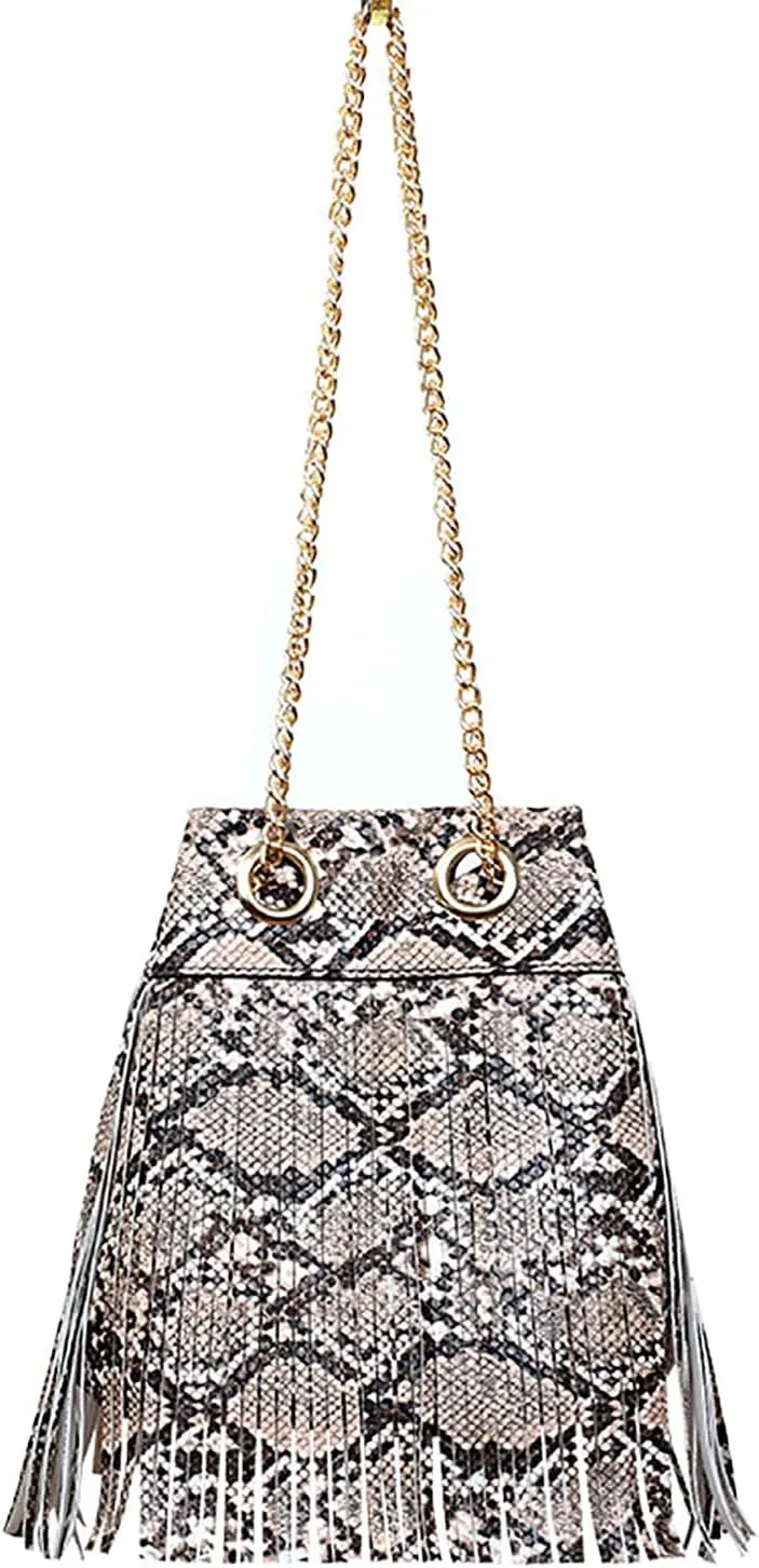 Women Bucket Handbag Snakeskin Tassel PU Leather Chain Crossbody Bag (Yellow)