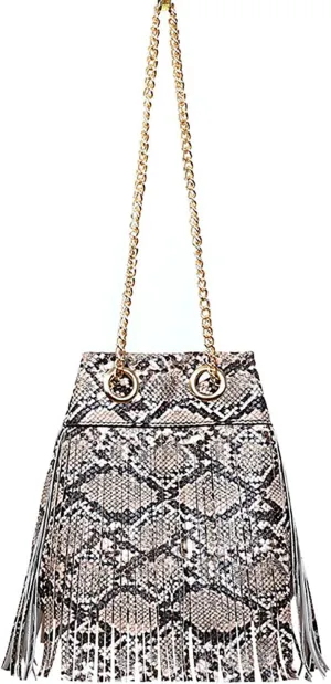 Women Bucket Handbag Snakeskin Tassel PU Leather Chain Crossbody Bag (Yellow)