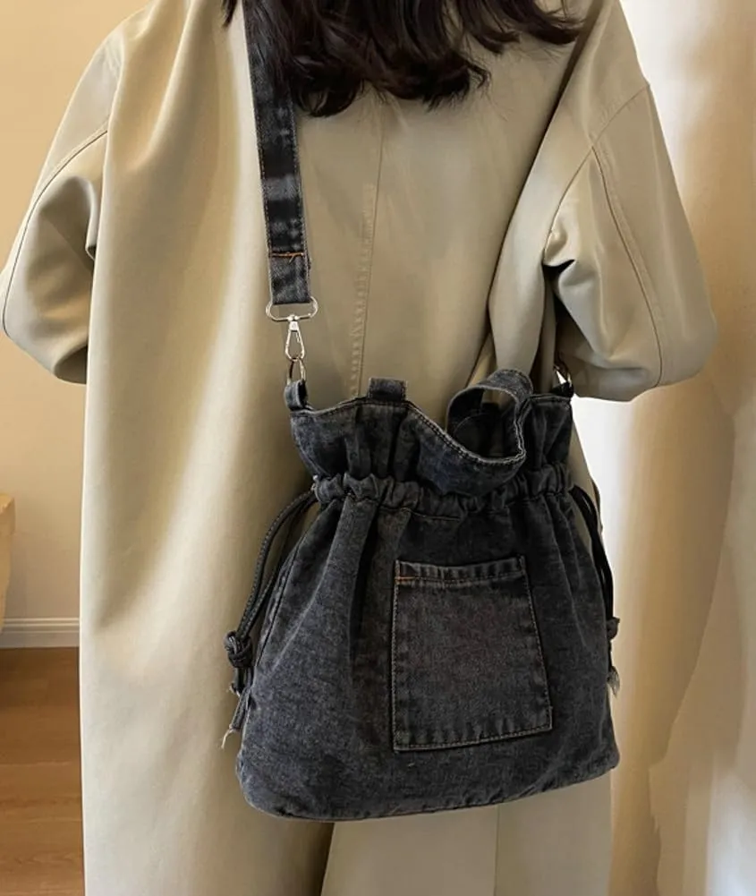 Women Denim Canvas Tote Bag Drawstring Crossbody Tote Purse Trendy Shoulder Handbag Travel Bag