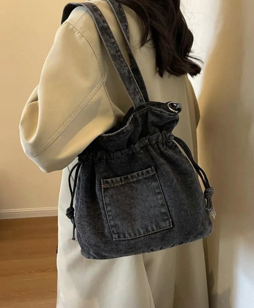 Women Denim Canvas Tote Bag Drawstring Crossbody Tote Purse Trendy Shoulder Handbag Travel Bag