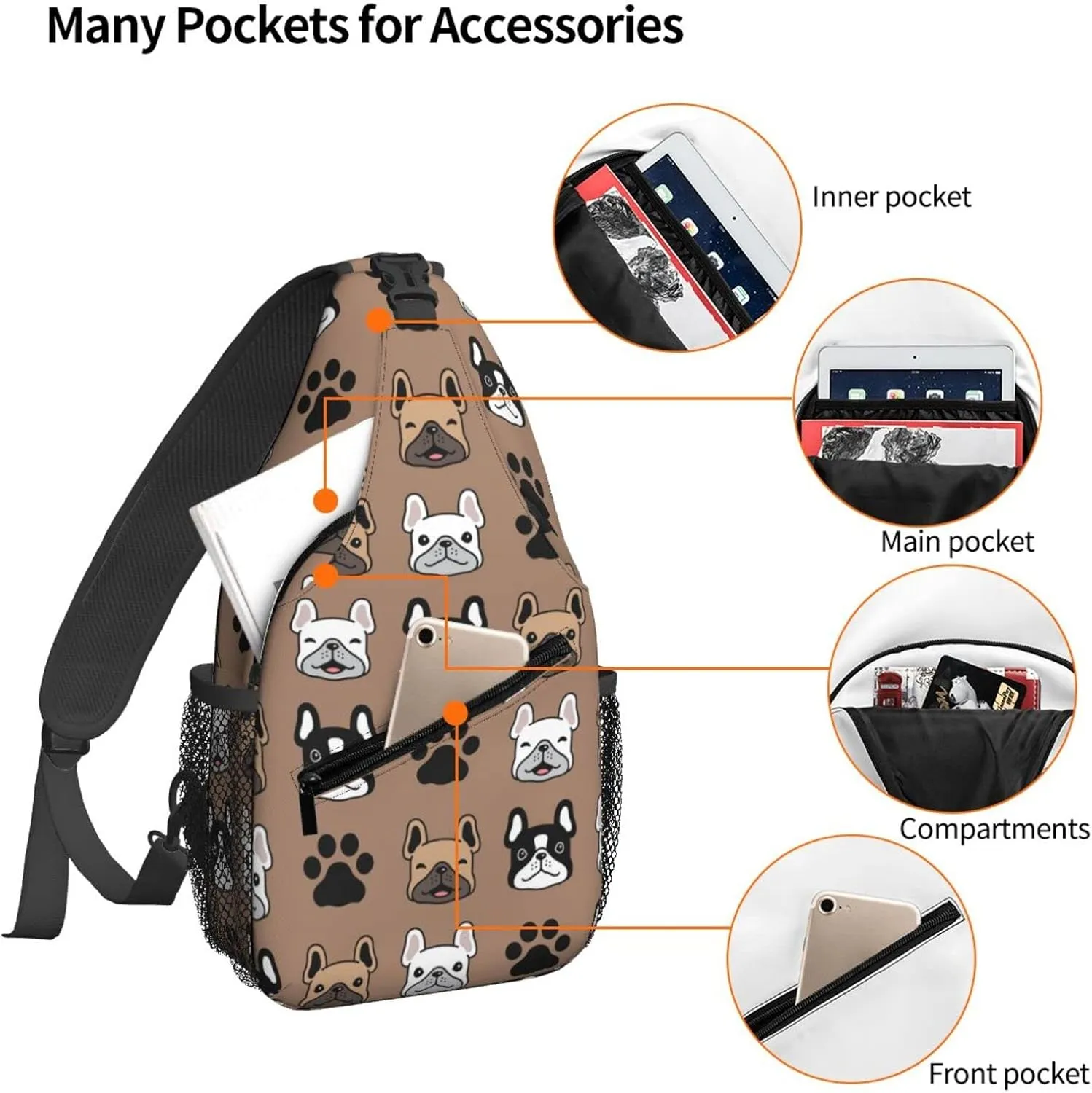 Women Dog Face French Bulldog Paw Crossbody Sling Backpack for Men Chest Bag Shoulder Bag Lightweight One Strap Backpack Travel Outdoor Daypack
