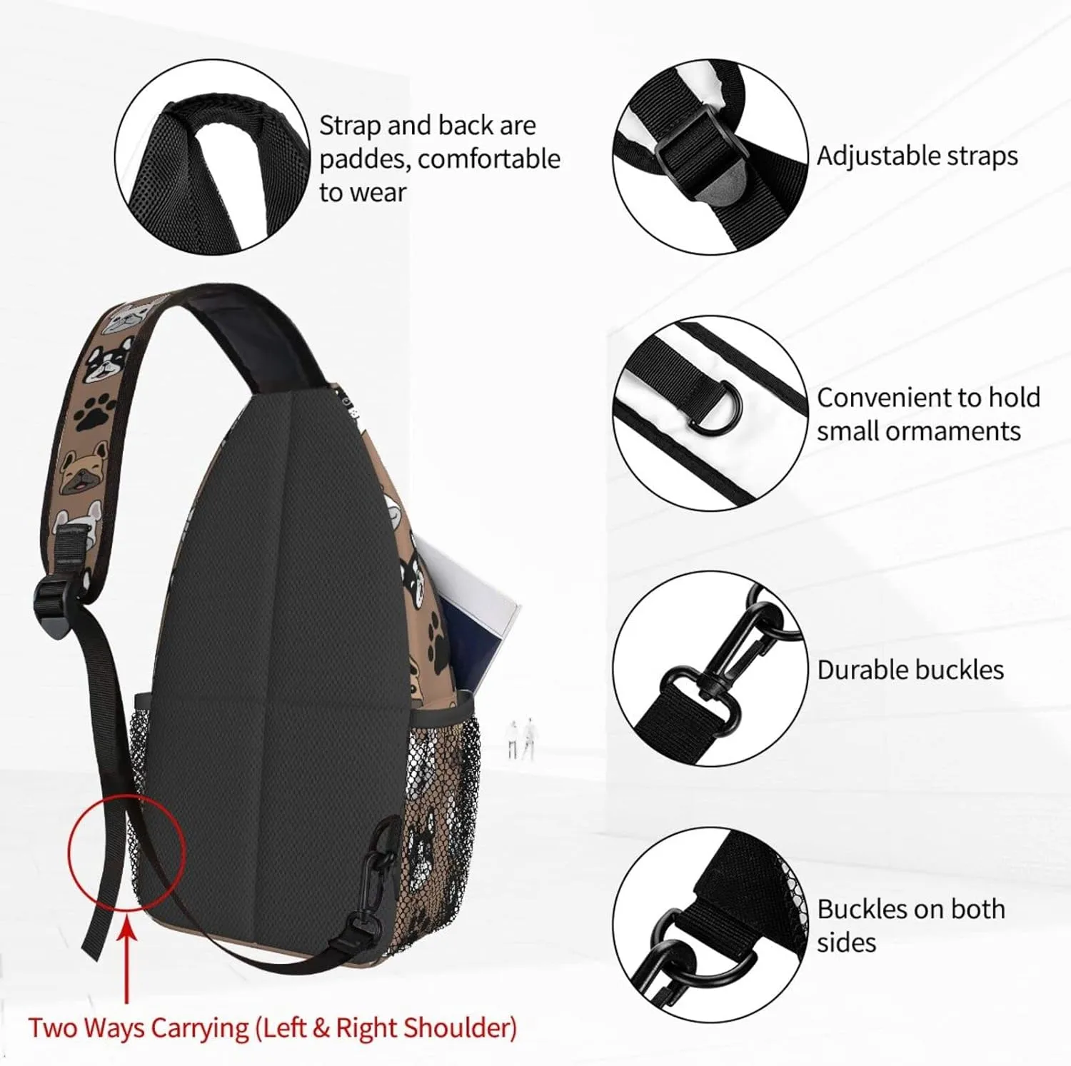 Women Dog Face French Bulldog Paw Crossbody Sling Backpack for Men Chest Bag Shoulder Bag Lightweight One Strap Backpack Travel Outdoor Daypack