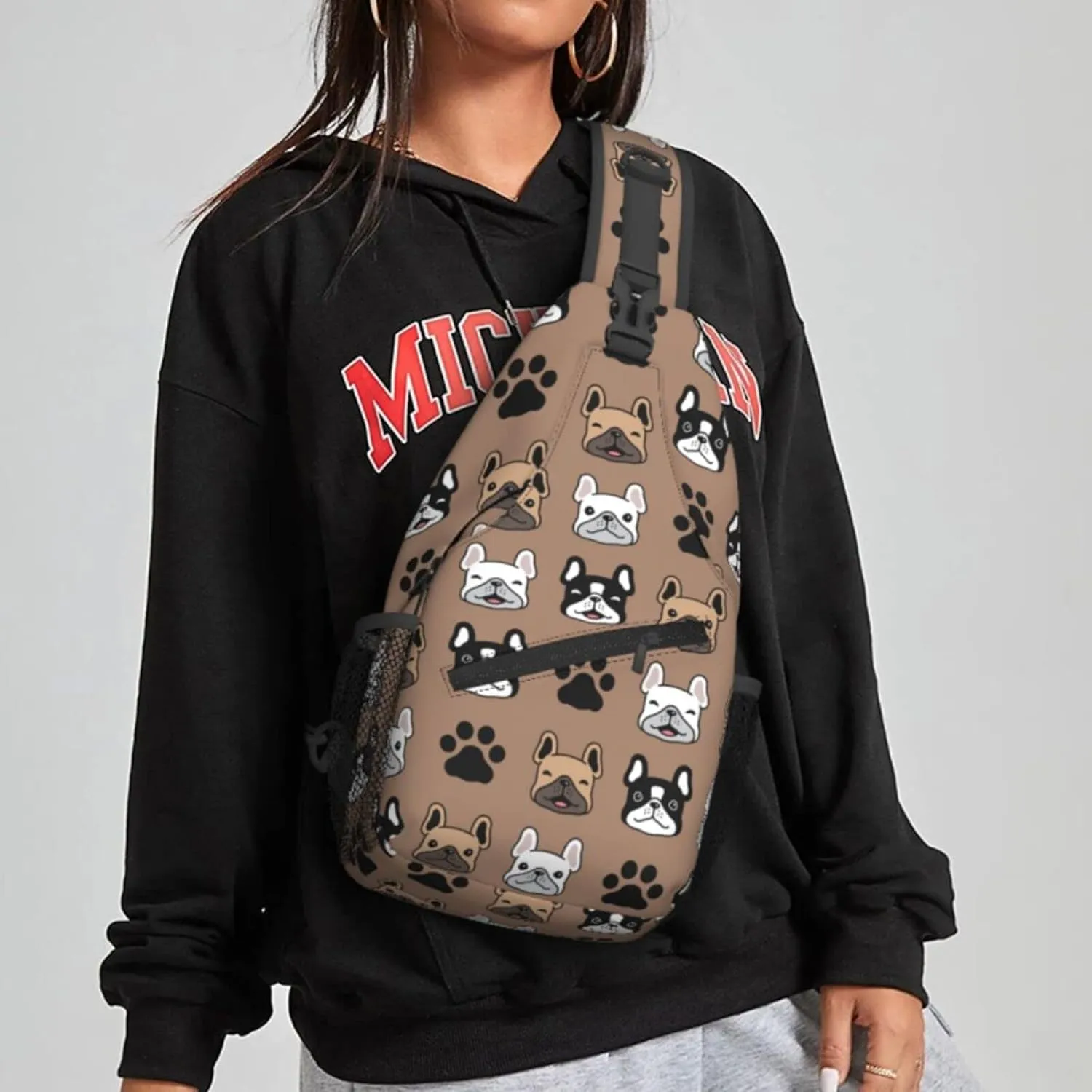Women Dog Face French Bulldog Paw Crossbody Sling Backpack for Men Chest Bag Shoulder Bag Lightweight One Strap Backpack Travel Outdoor Daypack