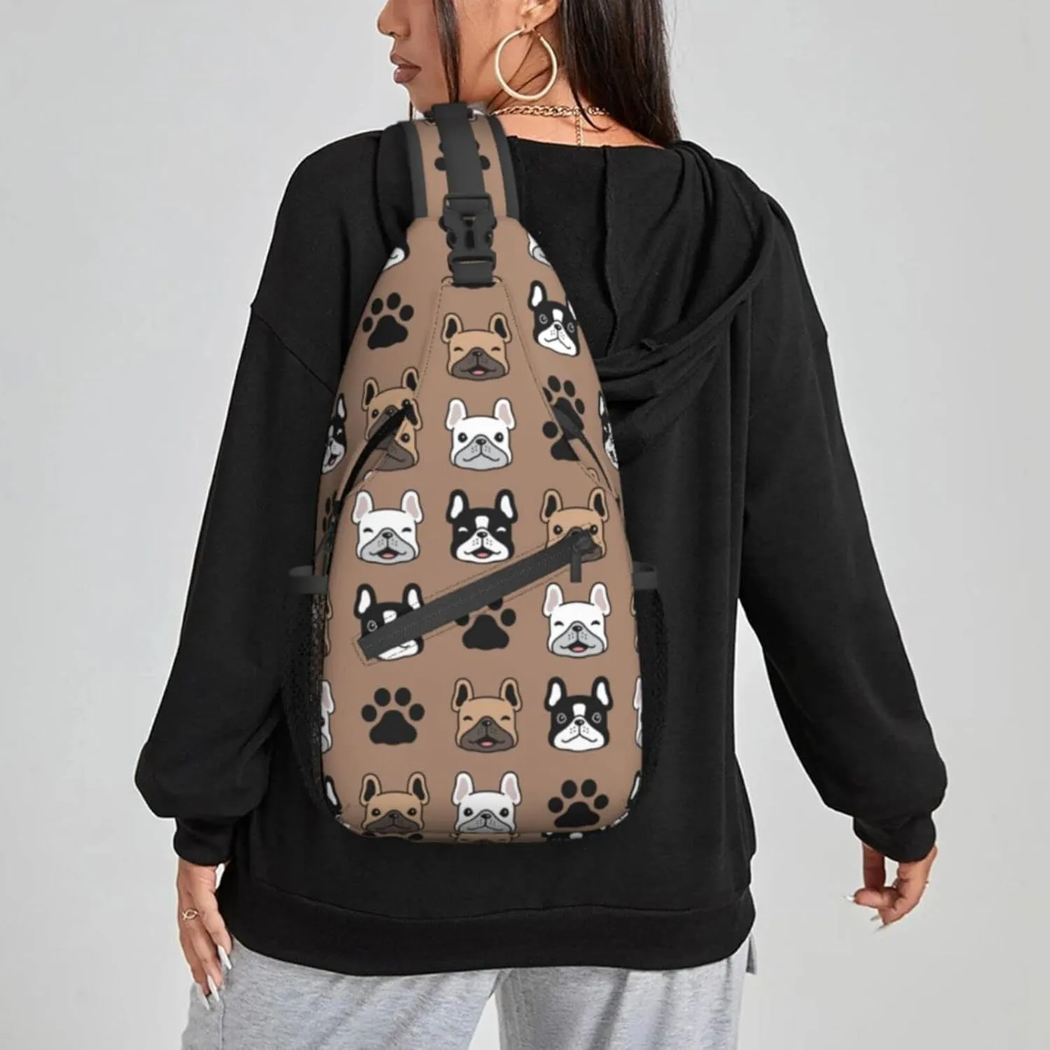 Women Dog Face French Bulldog Paw Crossbody Sling Backpack for Men Chest Bag Shoulder Bag Lightweight One Strap Backpack Travel Outdoor Daypack