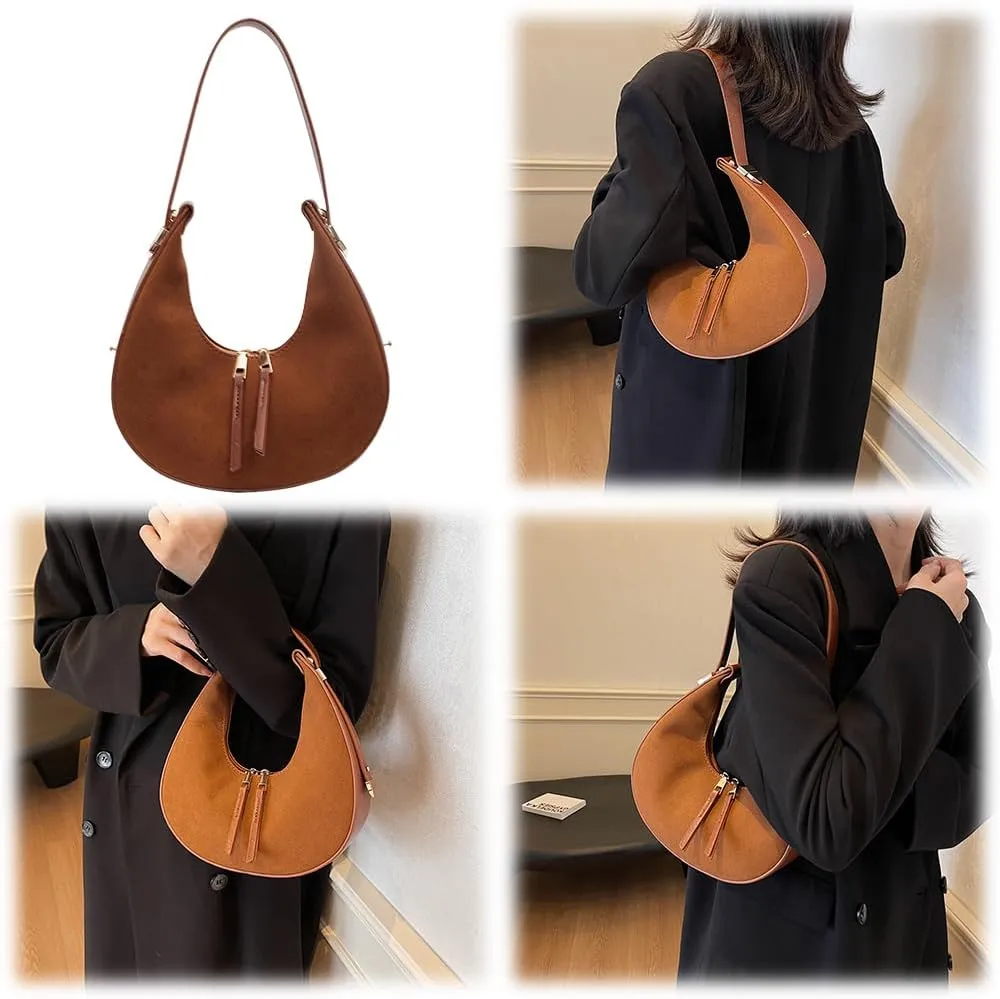 Women Faux Suede Shoulder Bag Fashion Underarm Bag Large Capacity Elegant Shoulder Purse Zip Closure Vintage Commuti