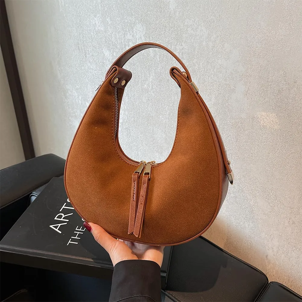 Women Faux Suede Shoulder Bag Fashion Underarm Bag Large Capacity Elegant Shoulder Purse Zip Closure Vintage Commuti
