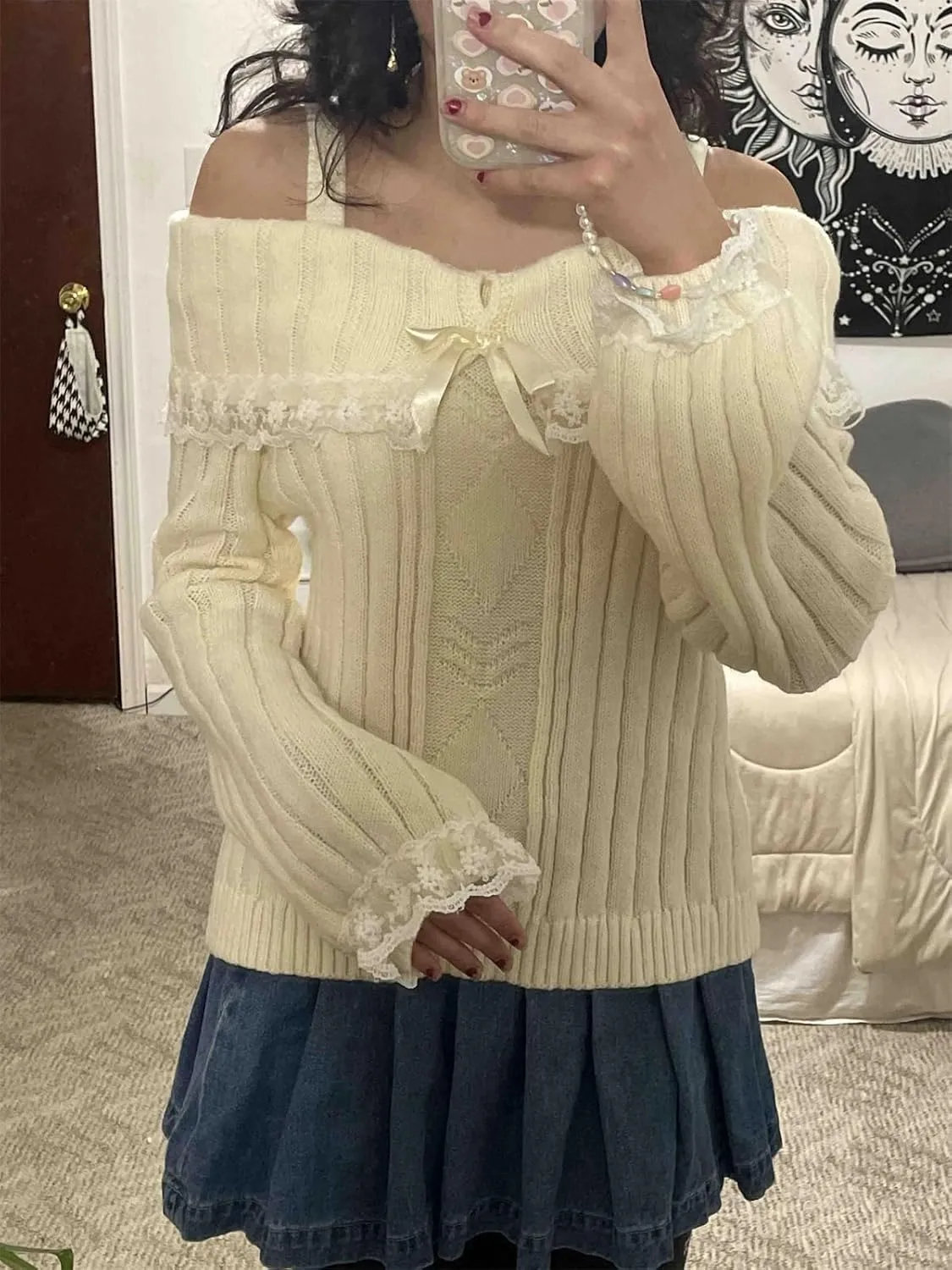 Women Kawaii Coquette Cold Shoulder Sweater Off Shoulder Contrast Lace Bow Front Cute Y2k Knitted Pullover Sweater