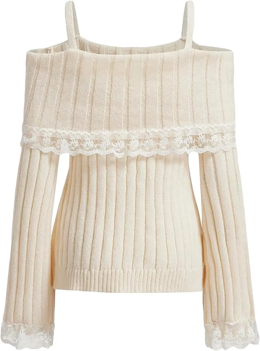 Women Kawaii Coquette Cold Shoulder Sweater Off Shoulder Contrast Lace Bow Front Cute Y2k Knitted Pullover Sweater