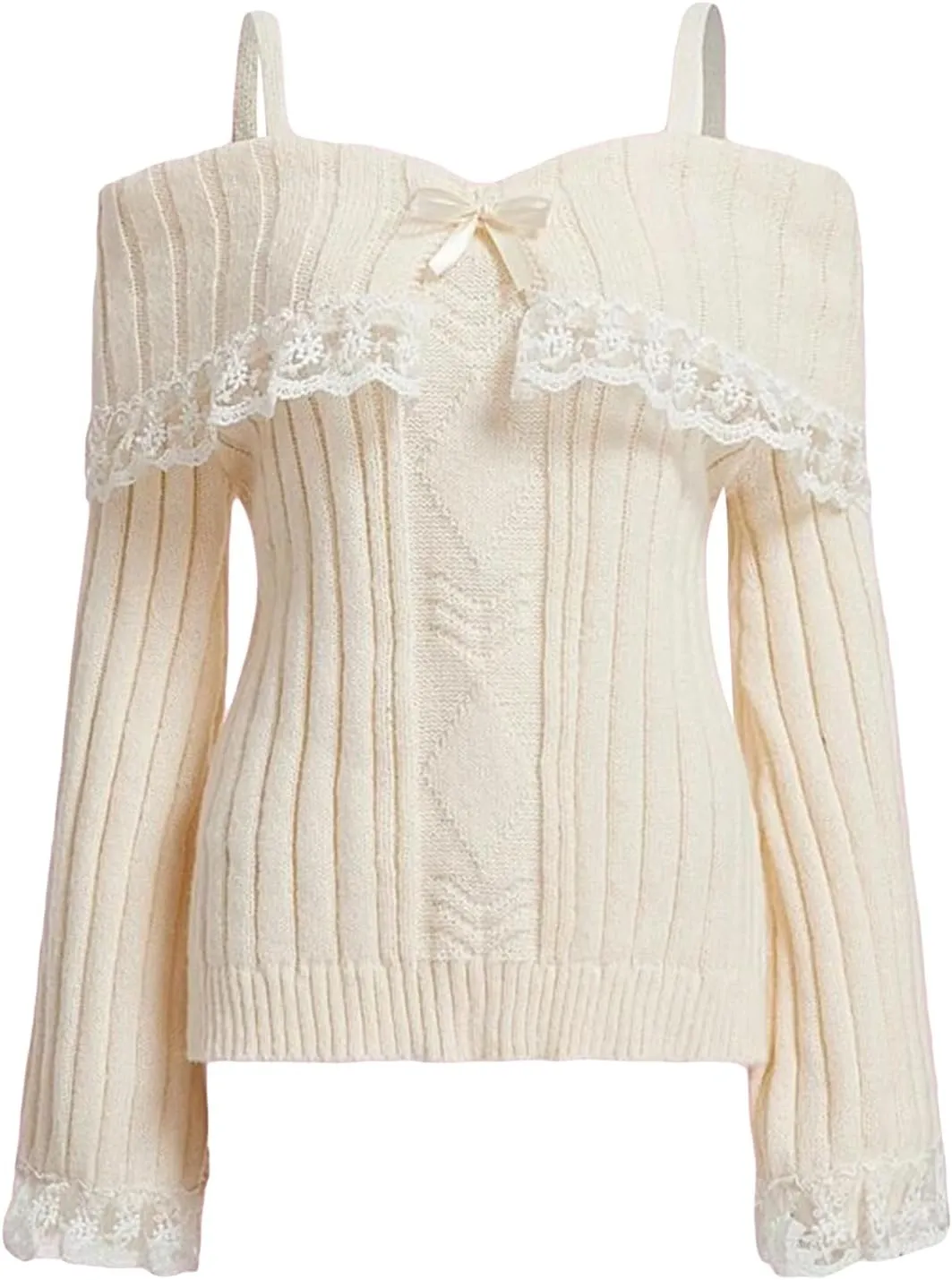 Women Kawaii Coquette Cold Shoulder Sweater Off Shoulder Contrast Lace Bow Front Cute Y2k Knitted Pullover Sweater