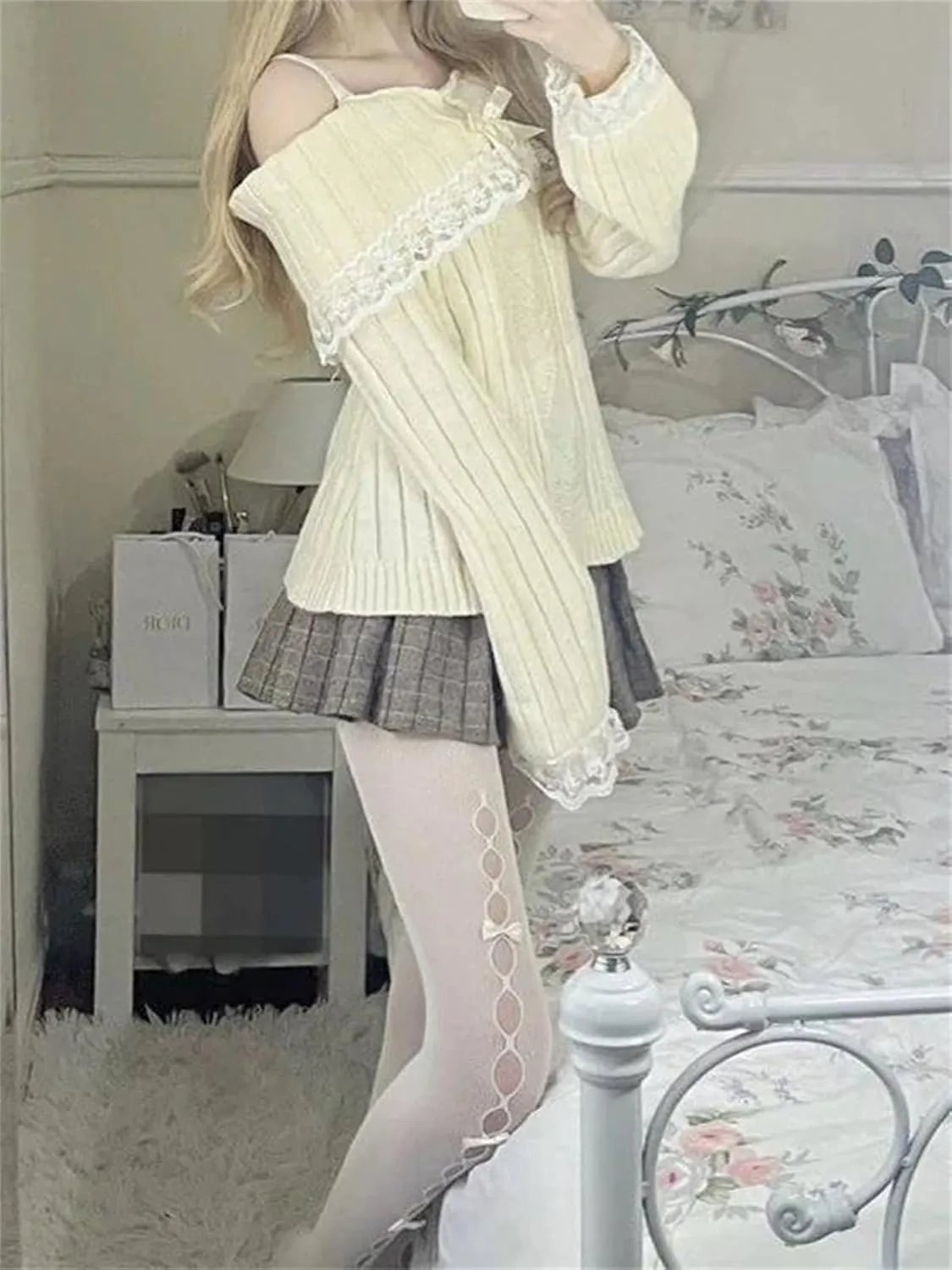 Women Kawaii Coquette Cold Shoulder Sweater Off Shoulder Contrast Lace Bow Front Cute Y2k Knitted Pullover Sweater