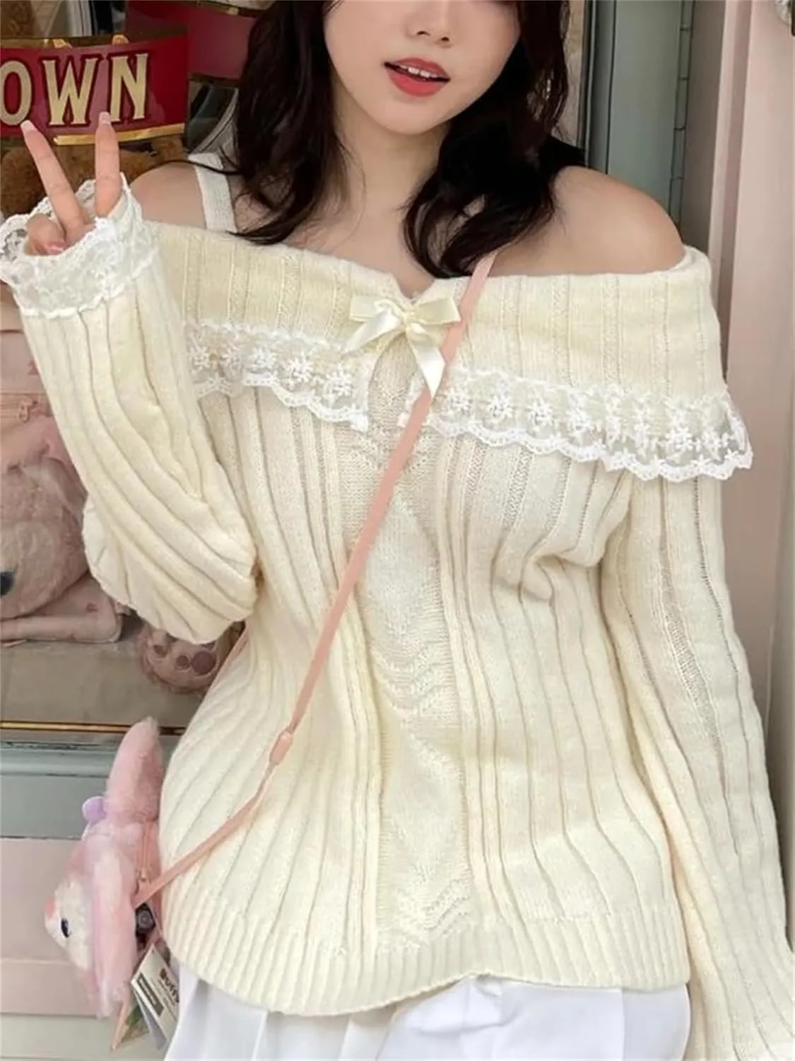 Women Kawaii Coquette Cold Shoulder Sweater Off Shoulder Contrast Lace Bow Front Cute Y2k Knitted Pullover Sweater