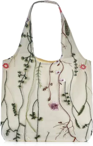 Women Lace Embroidery Shoulder Handbag Aesthetic Butterfly Flowers Canvas Tote Purse Travel Shopping Beach Working Hobo Bag