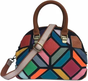 Women Multicolored Flowers Tote Genuine Leather Shell Purse Colorful Flora Shoulder Handbag Bohemian Crossbody Bag