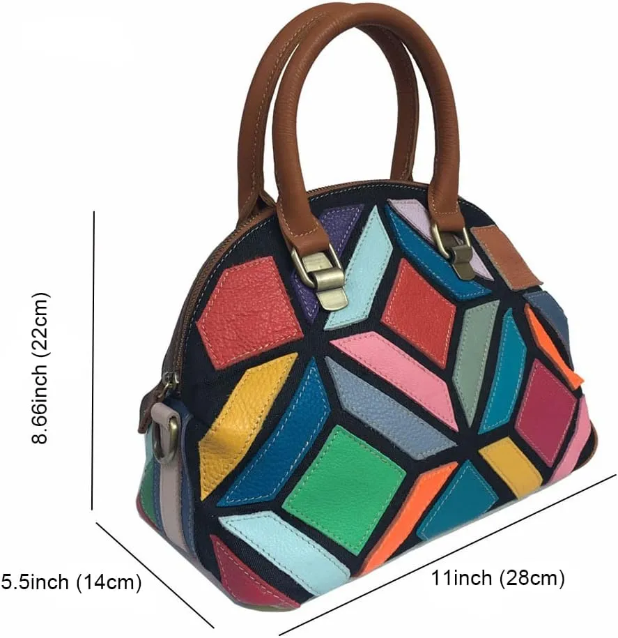 Women Multicolored Flowers Tote Genuine Leather Shell Purse Colorful Flora Shoulder Handbag Bohemian Crossbody Bag