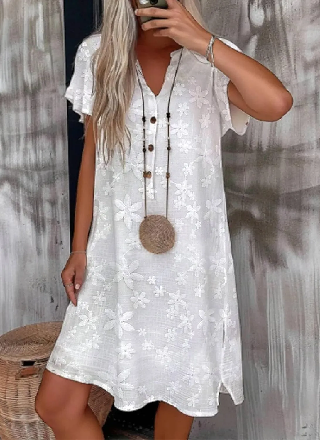 Women Shift Dresses Casual Short Sleeve Floral Embroidery V Neck Dress Elegant Party Vacation Summer Mini Linen Dress
