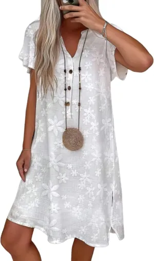 Women Shift Dresses Casual Short Sleeve Floral Embroidery V Neck Dress Elegant Party Vacation Summer Mini Linen Dress