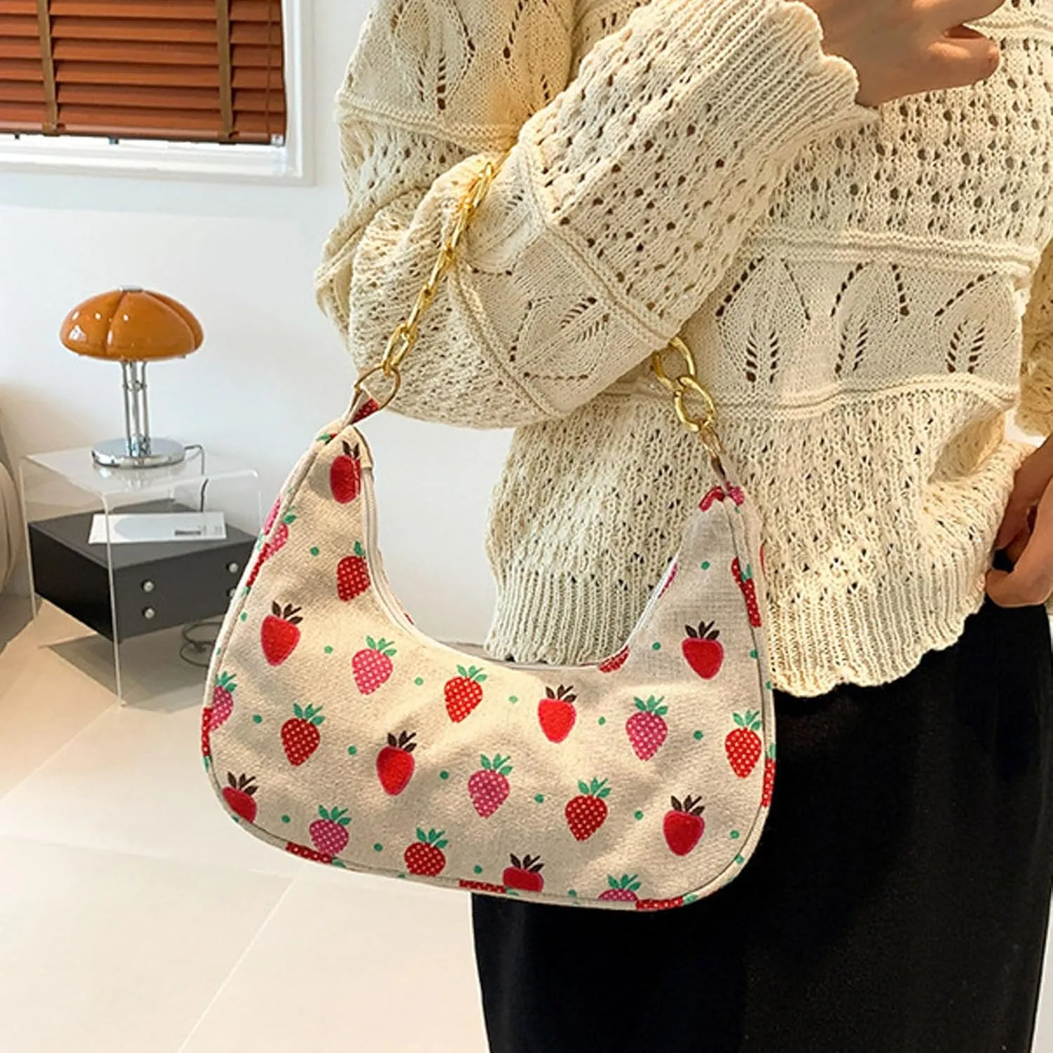 Women Shoulder Bag Fashionable New Pattern Flower Print Cute Daily Zipper Handbag Shoulder Tote Bag (Red, One Size)