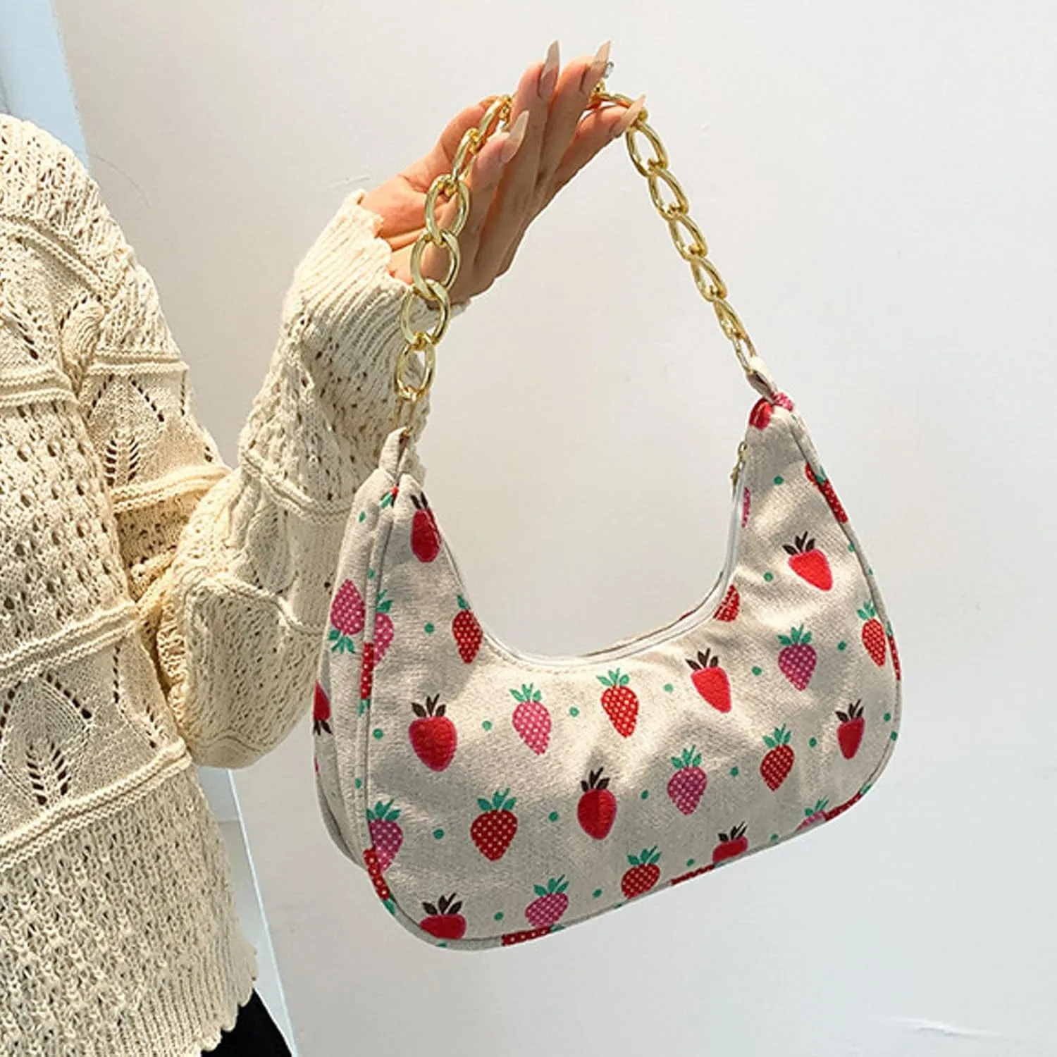 Women Shoulder Bag Fashionable New Pattern Flower Print Cute Daily Zipper Handbag Shoulder Tote Bag (Red, One Size)