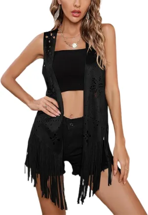 Women Tassel Vest 70s Hippie Faux Suede Tassel Jacket Cardigan Summer Cowgirl Waistcoat Western Outwear