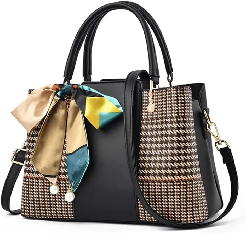 Women Tote Bag PU Braided Handbag Bow Ribbon Pearl Embellished Tote Top Handle Crossbody Bags with Detachable Shoulder Strap