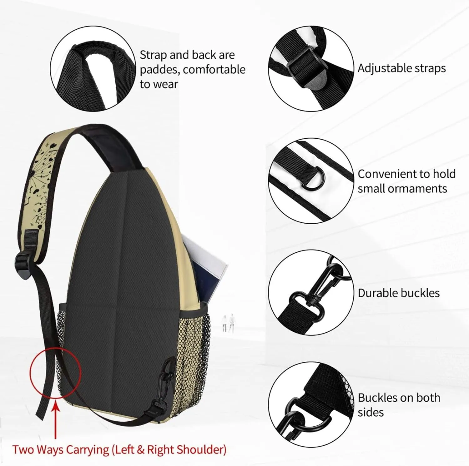 Women Vintage Dandelion Music Notes Crossbody Sling Backpack for Men Chest Bag Shoulder Bag Lightweight One Strap Backpack Travel Outdoor Daypack