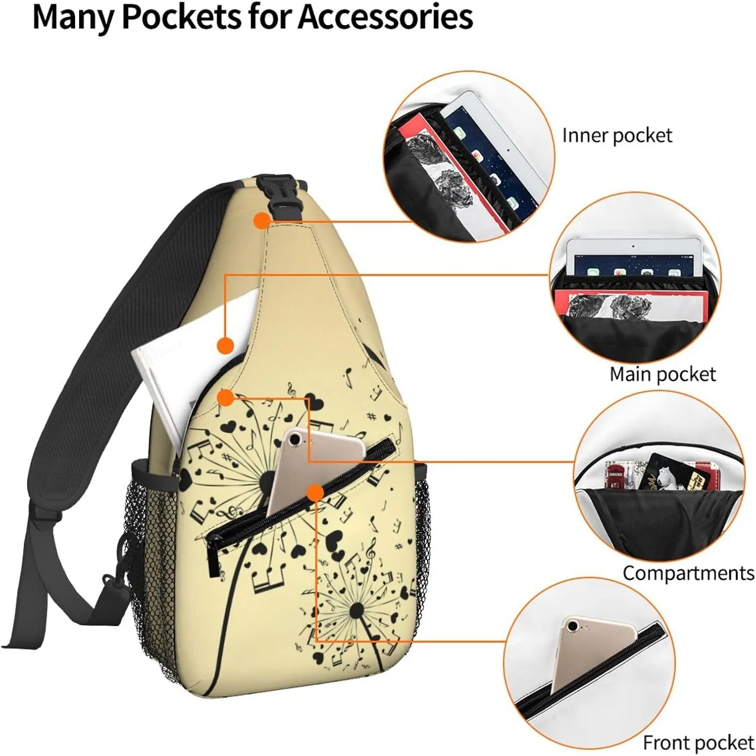 Women Vintage Dandelion Music Notes Crossbody Sling Backpack for Men Chest Bag Shoulder Bag Lightweight One Strap Backpack Travel Outdoor Daypack