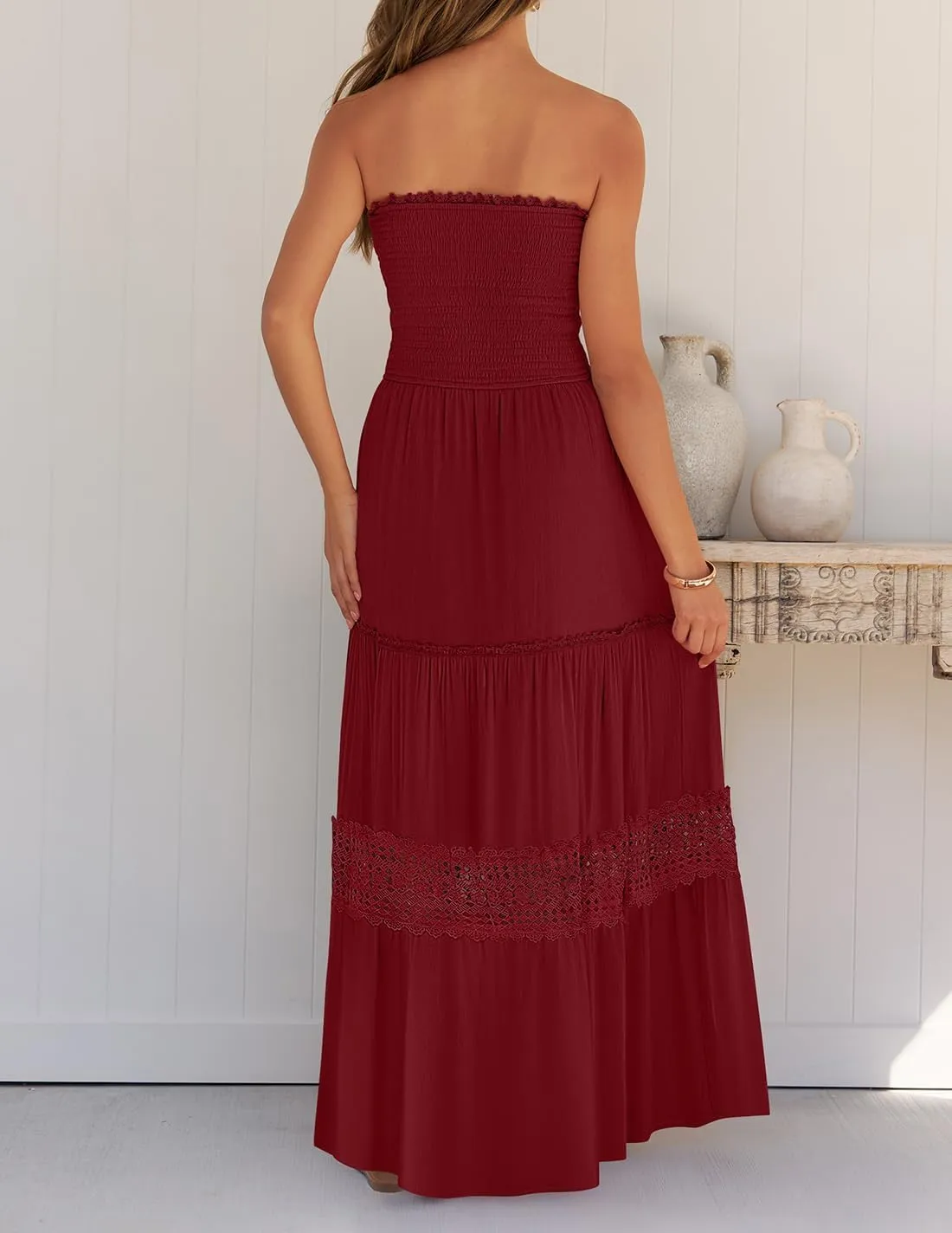 Women's 2025 Summer Bohemian Strapless Off Shoulder Lace Trim Backless Flowy A Line Beach Long Maxi Dress
