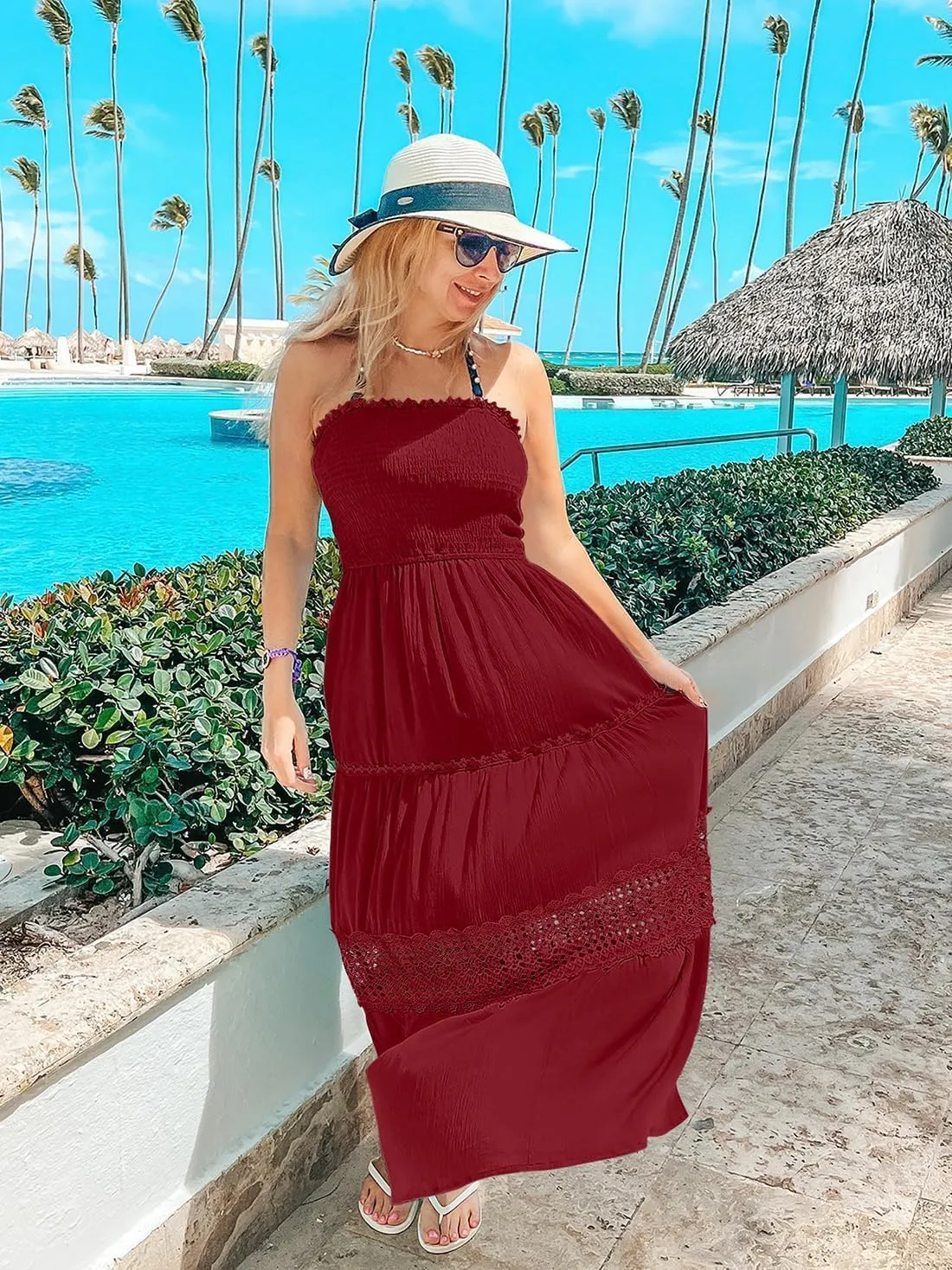 Women's 2025 Summer Bohemian Strapless Off Shoulder Lace Trim Backless Flowy A Line Beach Long Maxi Dress