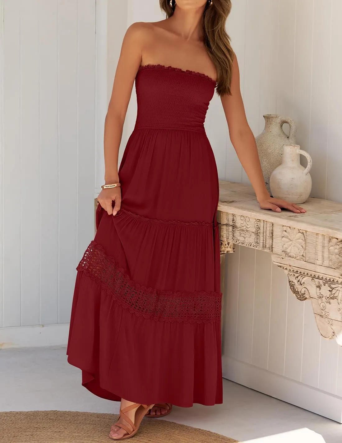 Women's 2025 Summer Bohemian Strapless Off Shoulder Lace Trim Backless Flowy A Line Beach Long Maxi Dress