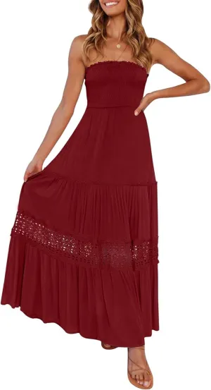 Women's 2025 Summer Bohemian Strapless Off Shoulder Lace Trim Backless Flowy A Line Beach Long Maxi Dress