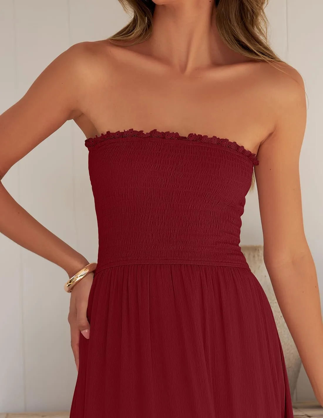 Women's 2025 Summer Bohemian Strapless Off Shoulder Lace Trim Backless Flowy A Line Beach Long Maxi Dress