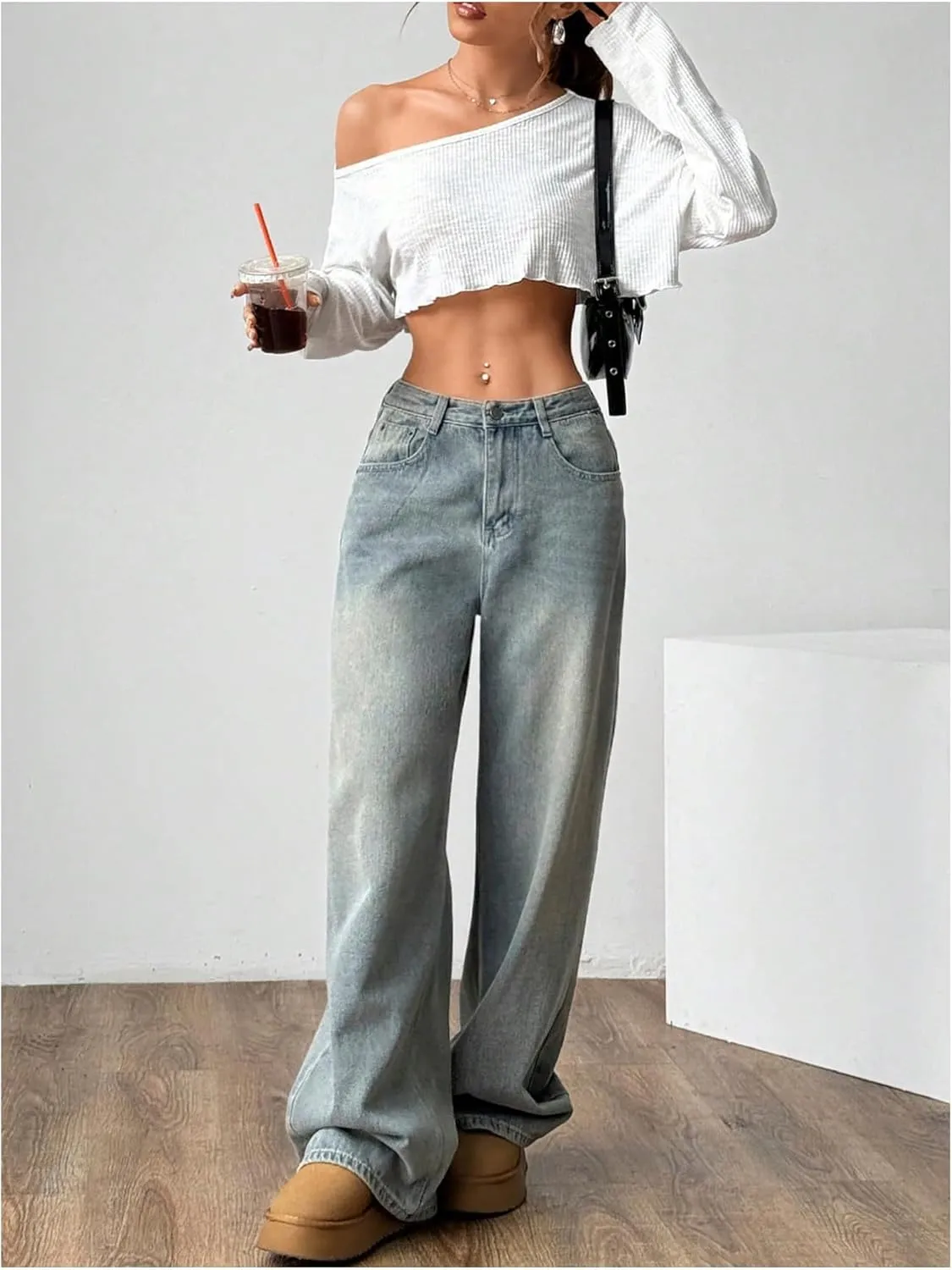 Women's Asymmetrical Off Shoulder Crop Tops Long Sleeve Ribbed Knit Lettuce Trim T Shirts