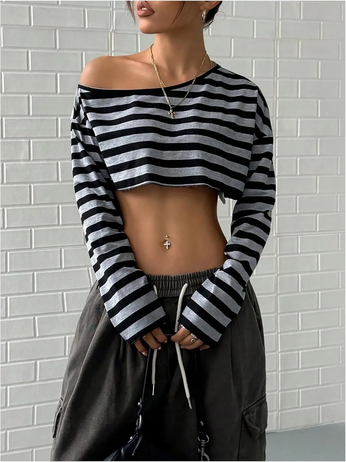 Women's Asymmetrical Off Shoulder Crop Tops Long Sleeve Ribbed Knit Lettuce Trim T Shirts