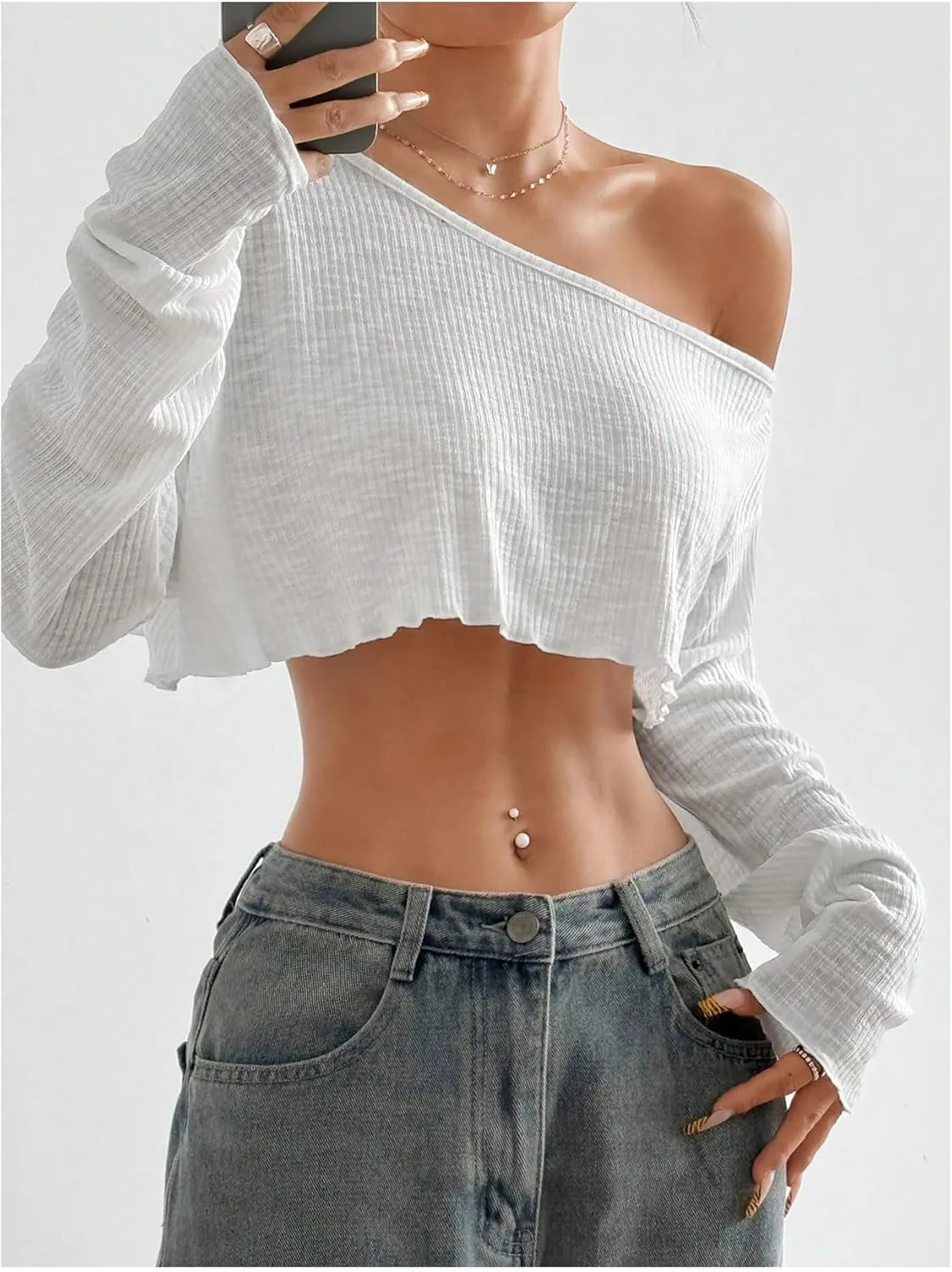Women's Asymmetrical Off Shoulder Crop Tops Long Sleeve Ribbed Knit Lettuce Trim T Shirts
