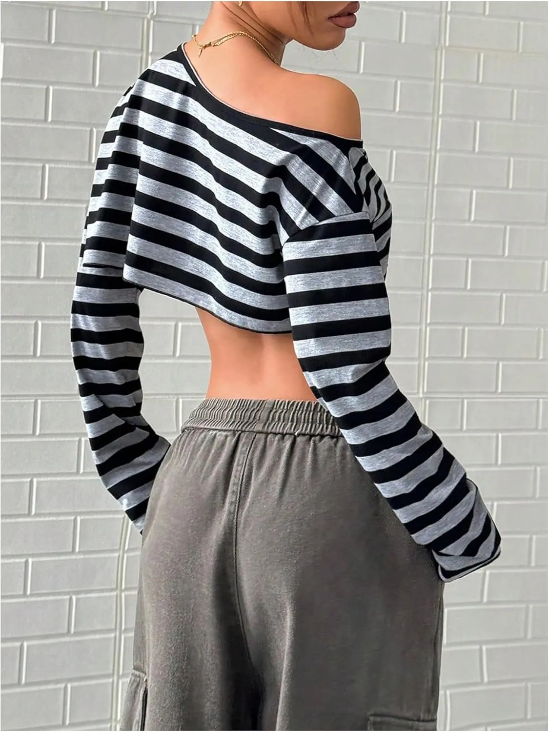 Women's Asymmetrical Off Shoulder Crop Tops Long Sleeve Ribbed Knit Lettuce Trim T Shirts