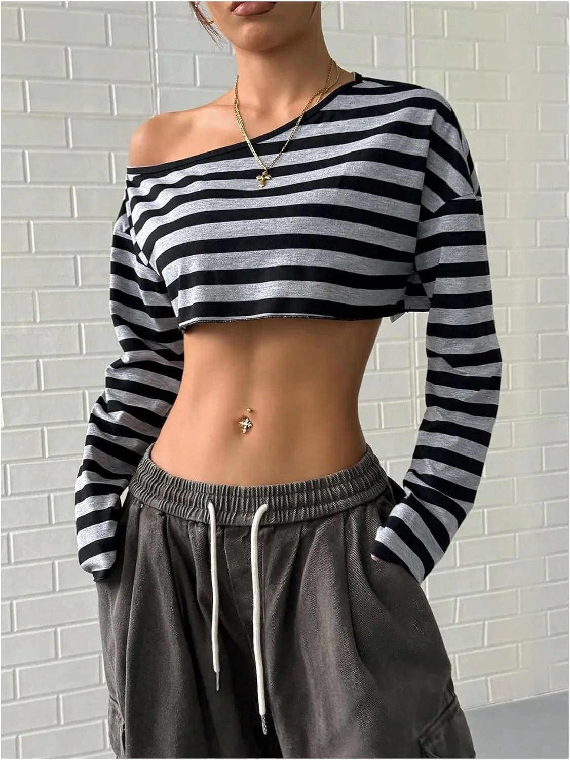 Women's Asymmetrical Off Shoulder Crop Tops Long Sleeve Ribbed Knit Lettuce Trim T Shirts