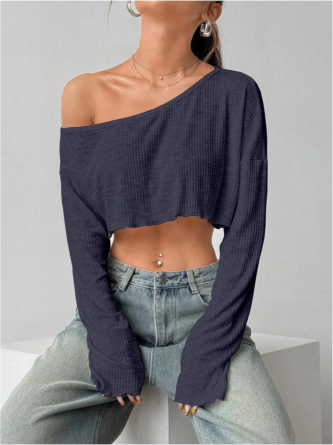 Women's Asymmetrical Off Shoulder Crop Tops Long Sleeve Ribbed Knit Lettuce Trim T Shirts