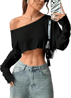 Women's Asymmetrical Off Shoulder Crop Tops Long Sleeve Ribbed Knit Lettuce Trim T Shirts