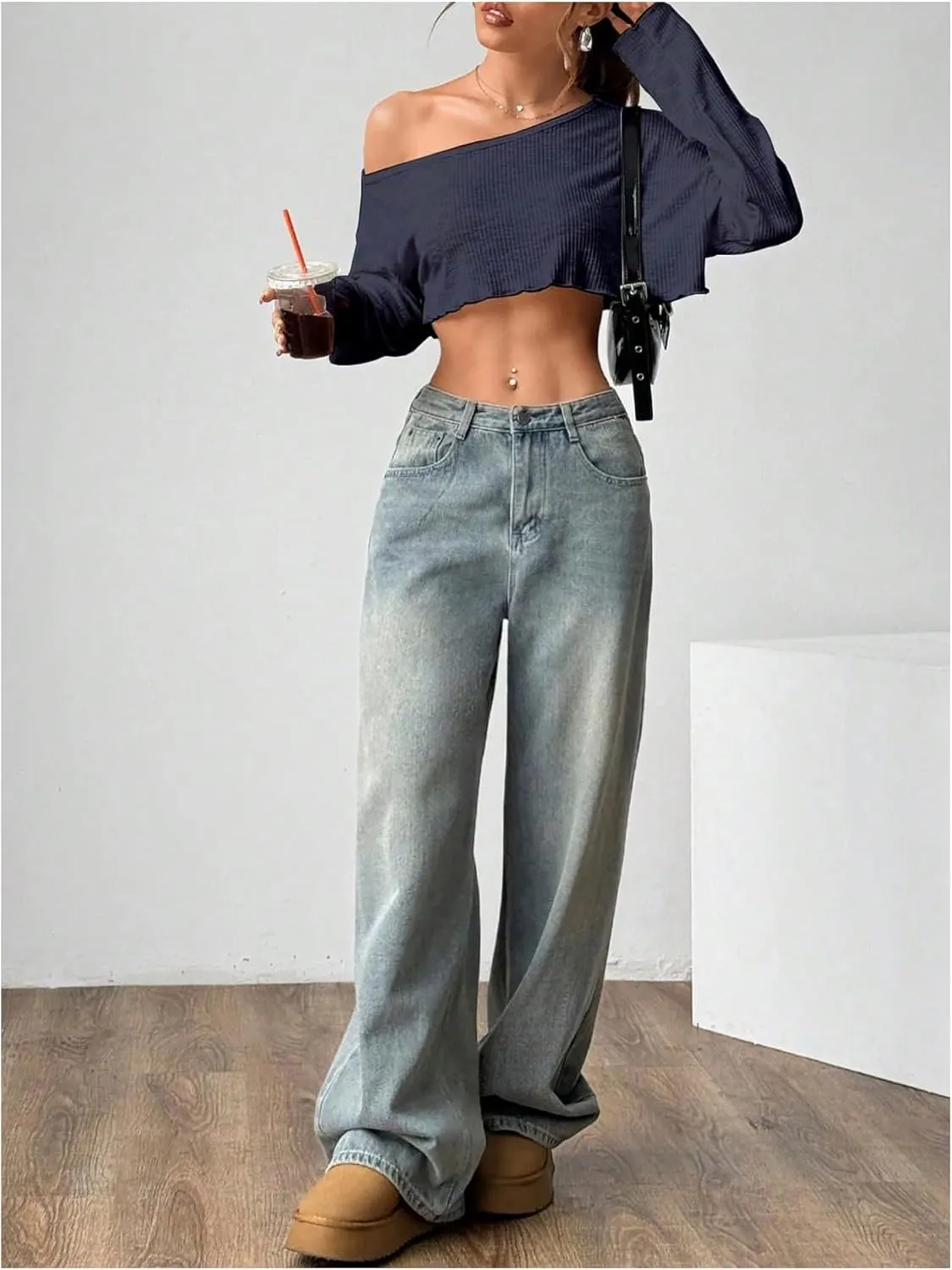 Women's Asymmetrical Off Shoulder Crop Tops Long Sleeve Ribbed Knit Lettuce Trim T Shirts