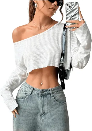 Women's Asymmetrical Off Shoulder Crop Tops Long Sleeve Ribbed Knit Lettuce Trim T Shirts