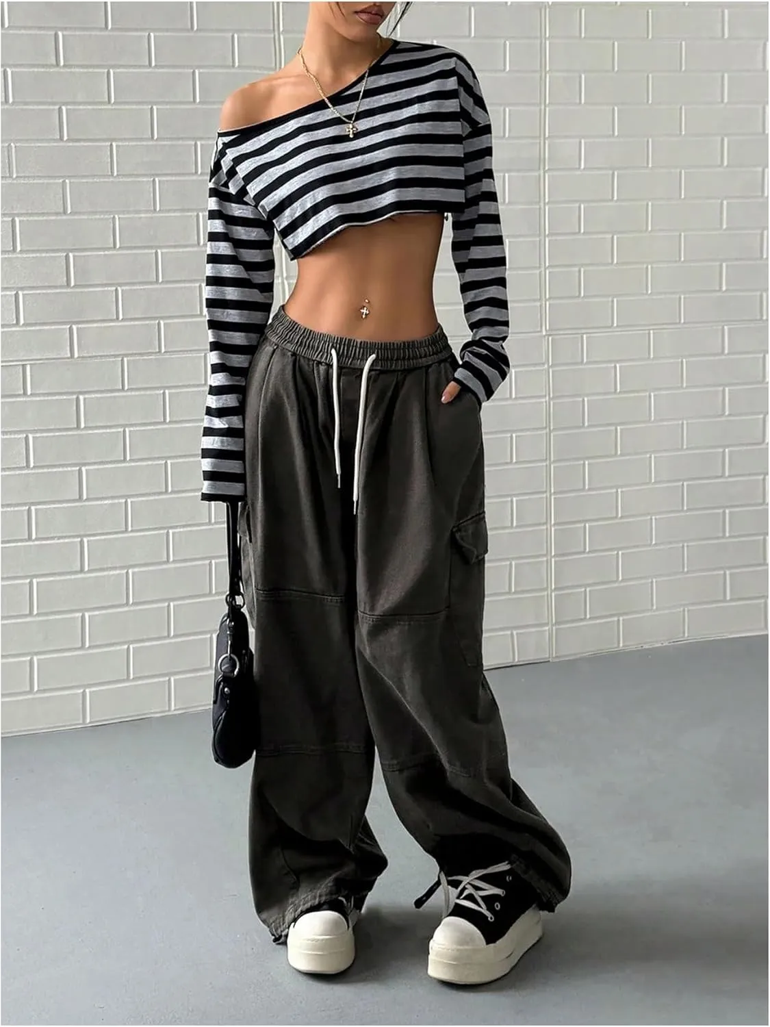 Women's Asymmetrical Off Shoulder Crop Tops Long Sleeve Ribbed Knit Lettuce Trim T Shirts